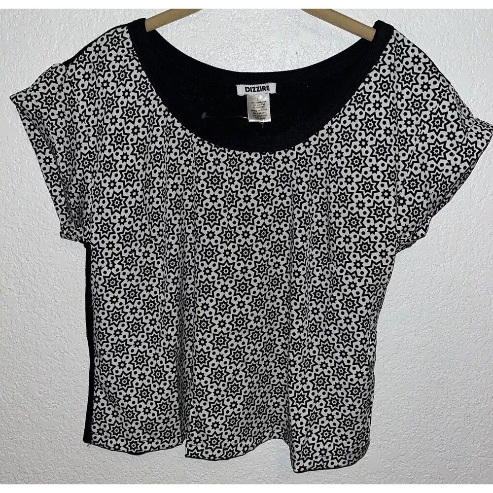 Dizzire Loose Fit Crop Top Women Size L Black White Stars